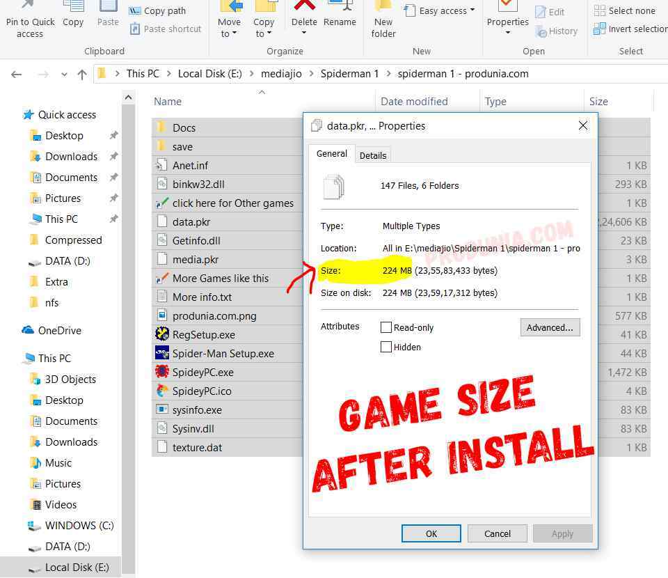 game size after installing Spiderman PC game