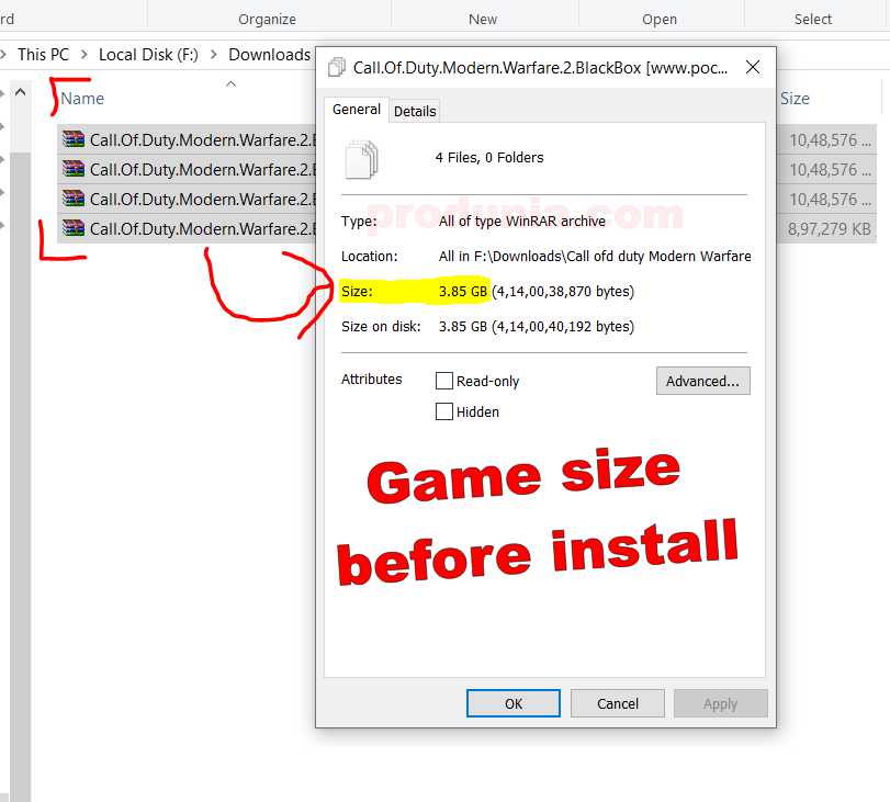 CODMW 2 Game setup size before install