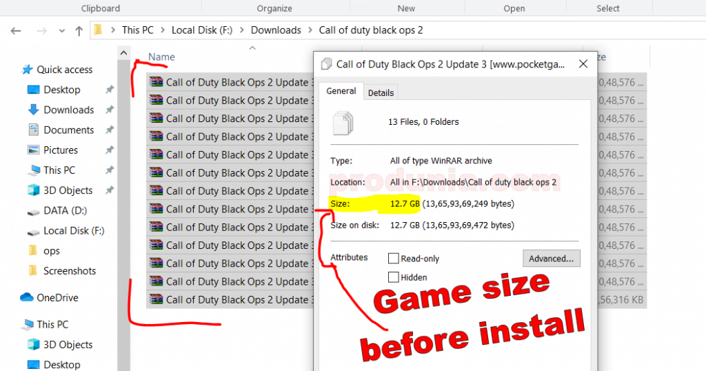 Game size before install