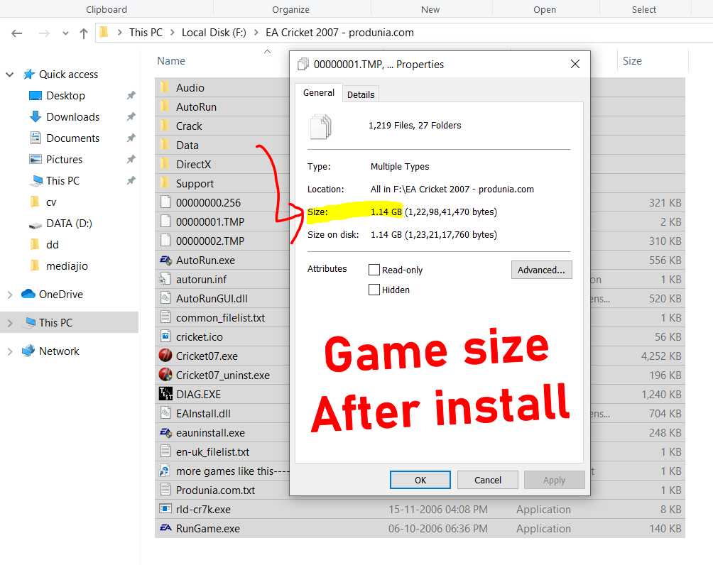 EA Sports Cricket 2007 game size after installing 